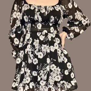 🖤 Trixxi Black & White Floral Chiffon Mini Dress XS - Square Neck Babydoll